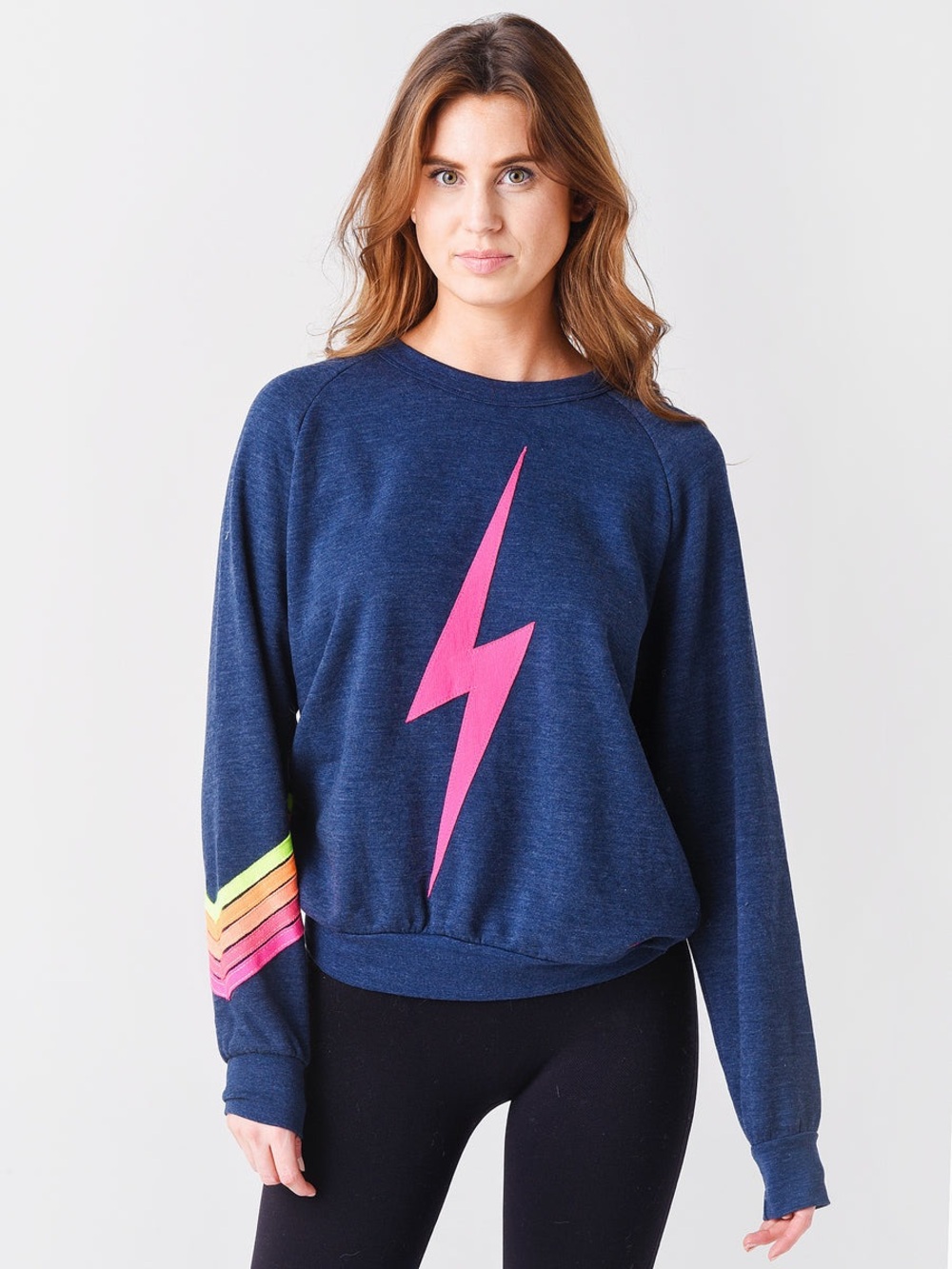Aviator Nation Navy Sweatshirt with Pink Lightning & Rainbow Sleeve Stripes